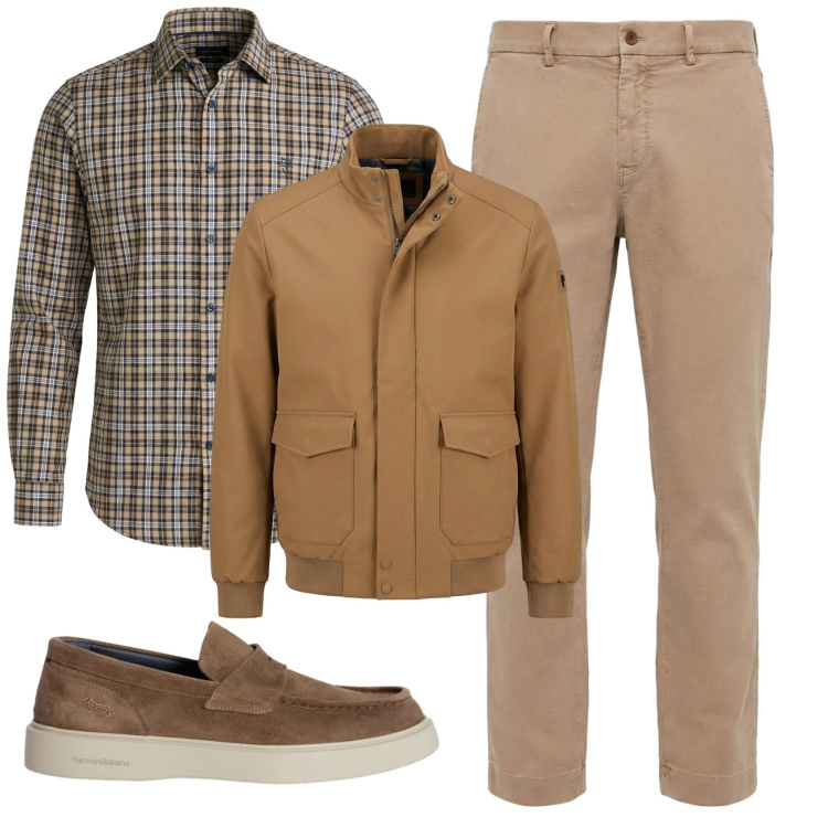 Outfit uomo - Total look #2347530. Stile Casual per Ufficio. Abbinamento con pantaloni chino, camicie, scarpe stringate, bomber.