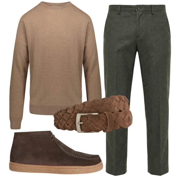 Outfit uomo - Total look #2347533. Stile Casual per Ufficio. Abbinamento con cinture, stivali e stivaletti, pantaloni chino, maglieria.