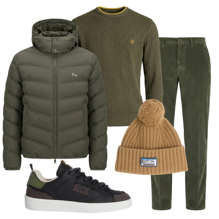 Outfit uomo - Total look #2347537. Stile Casual per Ufficio. Abbinamento con sneakers, berretti, pantaloni chino, piumini, maglieria.
