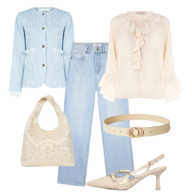 Outfit donna - New romantic in jeans. Stile Casual chic per Serata fuori. Abbinamento con cinture, décolleté, borse a spalla, jeans dritti, blazer, bluse.