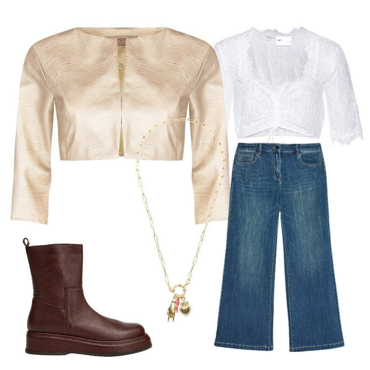 Outfit donna - Serata fuori basic ma Glam. Stile Glamour per Serata fuori. Abbinamento con stivaletti, camicie, jeans dritti, ciondoli, bolero.