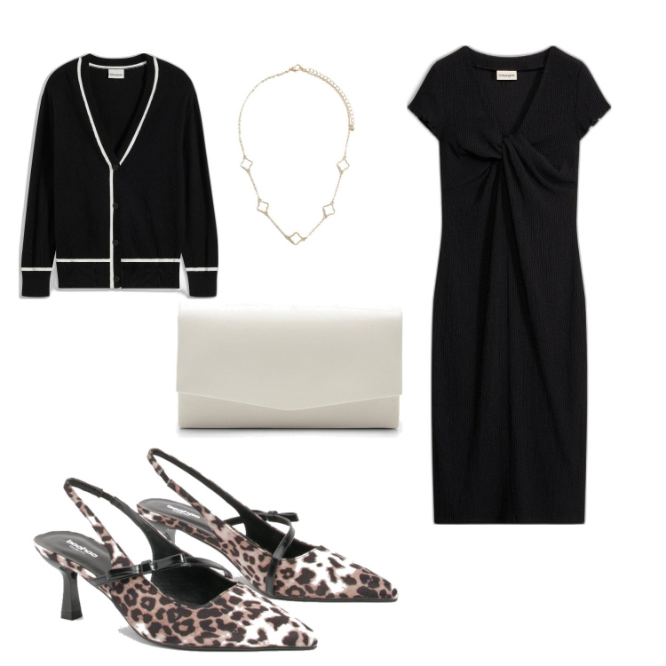 Outfit femme - Habillée. Style Casual chic pour Soirée dehors. Assortir avec robes, gilets, colliers, chaussures à talon, pochette.