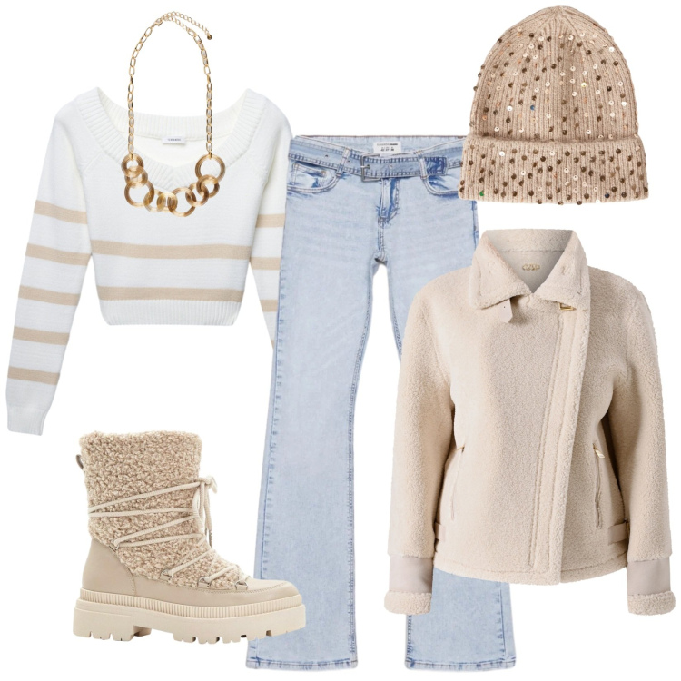 Outfit donna - Inverno luminoso. Stile Trendy per Tutti i giorni. Abbinamento con stivali da neve, collane, maglieria, berretti, jeans a zampa, ecopellicce.