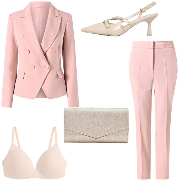 Outfit donna - La primavera incontra il rosa. Stile Chic per Cerimonia. Abbinamento con reggiseni, décolleté, clutch, pantaloni, blazer.