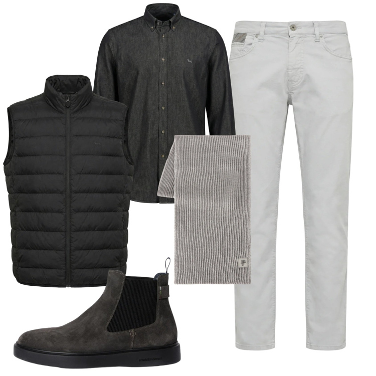 Outfit uomo - Total look #2347561. Stile Casual per Ufficio. Abbinamento con stivali e stivaletti, camicie, pantaloni, piumini, sciarpe.