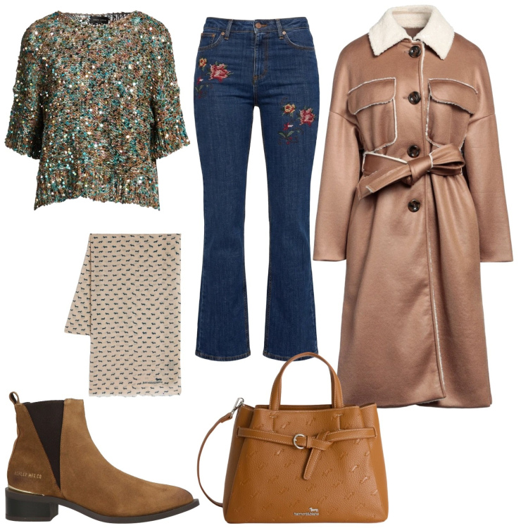 Outfit donna - Tocco di luce. Stile Casual chic per Serata fuori. Abbinamento con pullovers, cappotti, stivaletti texani, borse a mano, jeans, sciarpe.