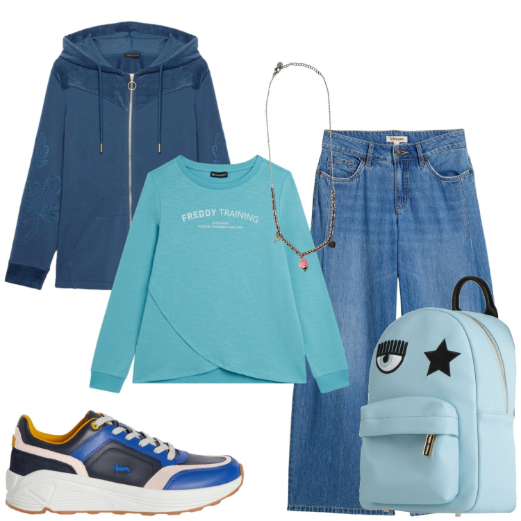 Outfit donna - Giornata di sole. Stile Sporty chic per Tutti i giorni. Abbinamento con zaini, jeans, sneakers, felpe con cappuccio, felpe, ciondoli.