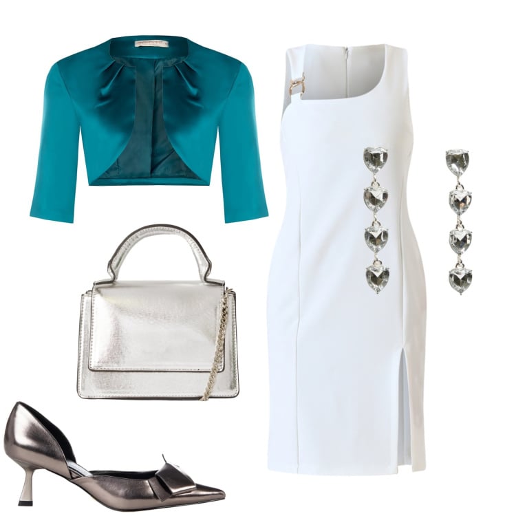 Outfit donna - La sera in primavera. Stile Casual chic per Serata fuori. Abbinamento con borse a tracolla, orecchini, vestiti a tubino, bolero, décolleté.