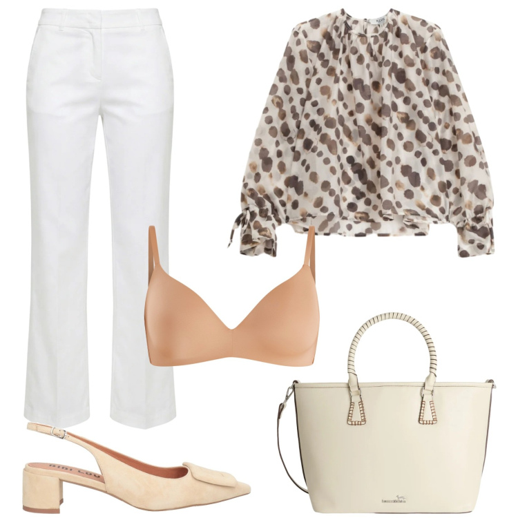 Outfit donna - Eleganza quotidiana. Stile Casual chic per Ufficio. Abbinamento con décolleté, pantaloni, shopping bag, bluse, reggiseni a balconcino.