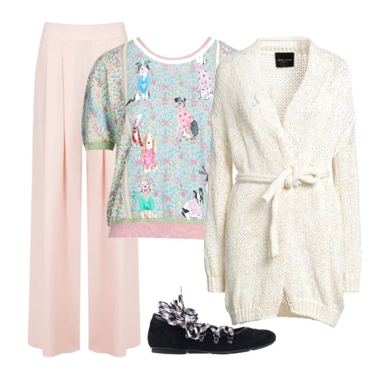 Outfit donna - Febbraio in tonalità soft - Focus Donna. Stile Casual chic per Tutti i giorni. Abbinamento con pullovers, ballerine, cardigans, pantaloni a palazzo.