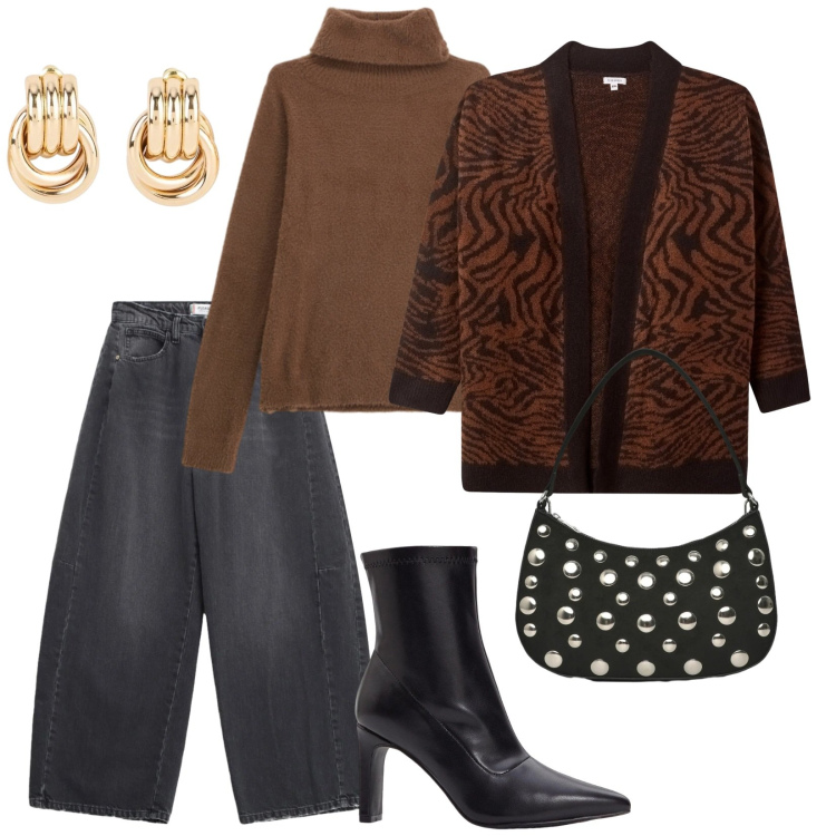 Outfit donna - Borsa borchiata. per Tutti i giorni. Abbinamento con orecchini, stivaletti, cardigans, borse a tracolla, maglieria, jeans.