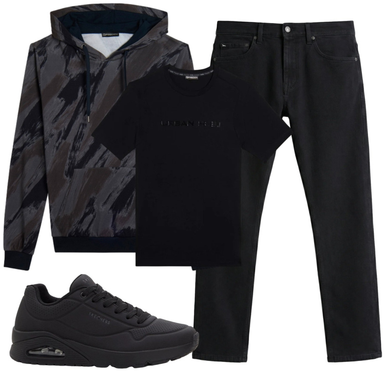 Outfit uomo - Total look #2347575. Stile Casual per Tutti i giorni. Abbinamento con sneakers, jeans, t-shirt, felpe con cappuccio.