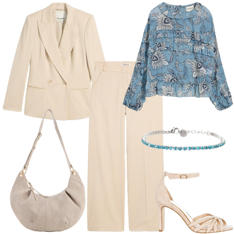 Outfit donna - Total look #2347577. Stile Chic per Cerimonia. Abbinamento con pantaloni, blazer, borse a tracolla, bluse, braccialetti, sandali col tacco.