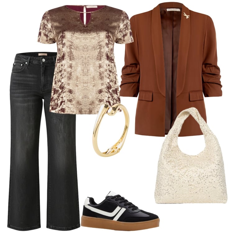 Outfit donna - Brilucco di mio. per Tutti i giorni. Abbinamento con braccialetti, sneakers, borse a spalla, blazer, jeans, bluse.