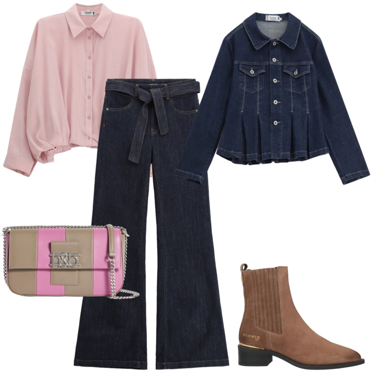 Outfit donna - Total look #2347588. Stile 70s per Tutti i giorni. Abbinamento con stivaletti chelsea, borse a spalla, blazer, jeans a zampa, camicie.