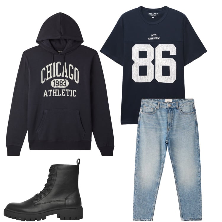 Outfit uomo - Look Streetwear Essenziale. Stile Trendy per Tutti i giorni. Abbinamento con jeans dritti, anfibi, felpe con cappuccio, t-shirt sportive.