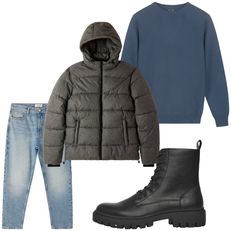Outfit uomo - La giacca antifreddo. Stile Casual per Tutti i giorni. Abbinamento con jeans dritti, anfibi, bomber, maglieria.