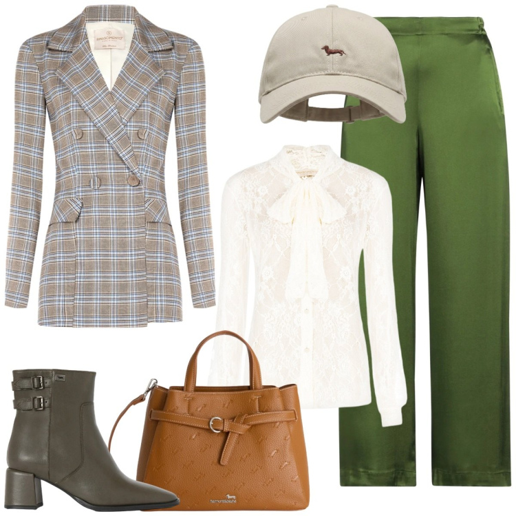 Outfit donna - Il verde protagonista. Stile Trendy per Tutti i giorni. Abbinamento con pantaloni, borse a mano, stivaletti, cappelli con visiera, camicie, blazer.
