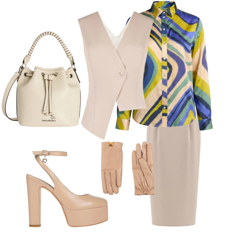 Outfit donna - Rispoveriamo il plateau. Stile Trendy per Serata fuori. Abbinamento con décolleté, guanti, borse a secchiello, camicie, gilet, gonne longuette.