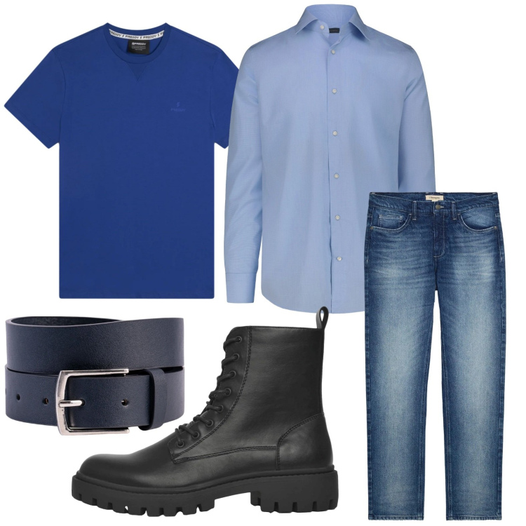 Outfit uomo - Ossessione jeans. Stile Trendy per Tutti i giorni. Abbinamento con jeans dritti, anfibi, t-shirt, cinture, camicie.