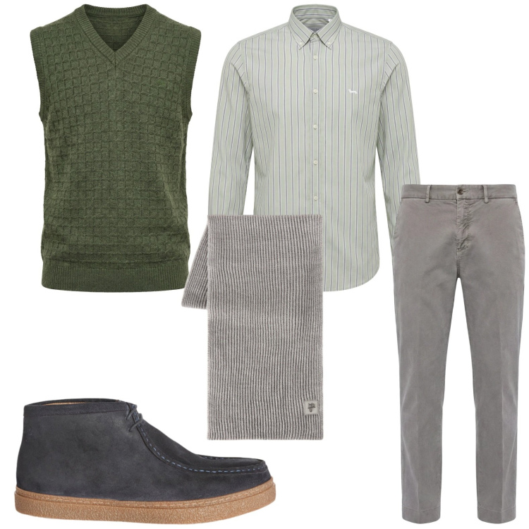 Outfit uomo - Casual. Stile Casual per Tutti i giorni. Abbinamento con stivali e stivaletti, pantaloni chino, camicie, sciarpe, maglieria.