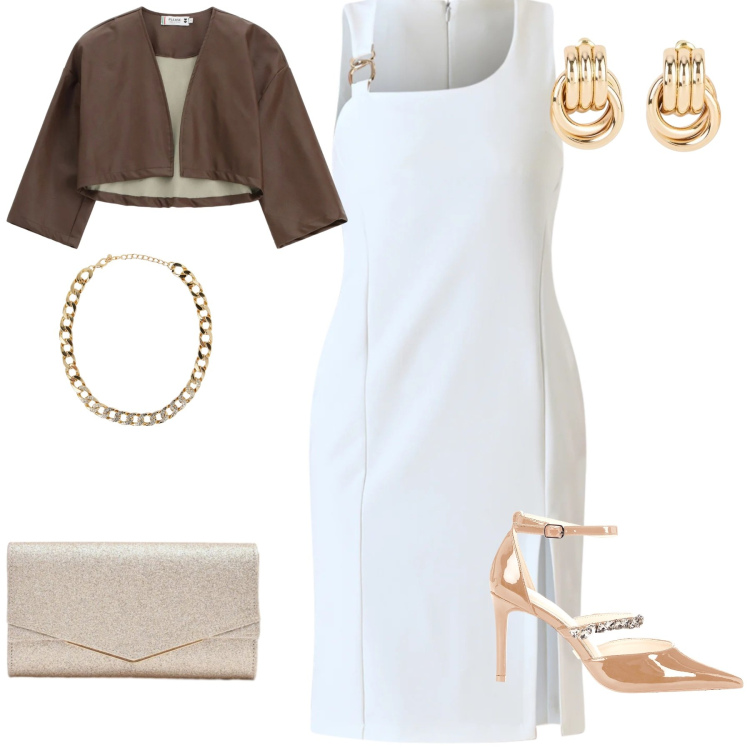 Outfit donna - Comoda chic. Stile Chic Abbinamento con orecchini, collane, blazer, clutch, décolleté, vestiti a tubino.