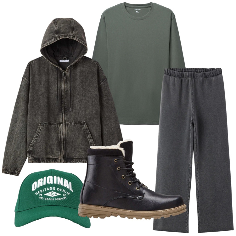 Outfit uomo - Stiloso. Stile Casual per Tutti i giorni. Abbinamento con stivali e stivaletti, cappelli con visiera, pantaloni, giacche, t-shirt.