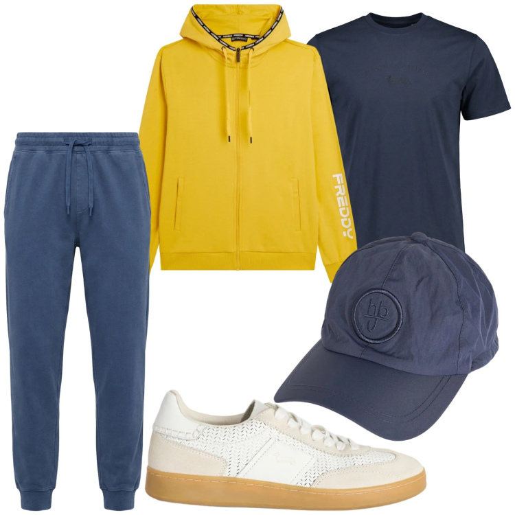 Outfit uomo - Sportivo. Stile Urban per Tutti i giorni. Abbinamento con sneakers, t-shirt, cappelli, pantaloni, felpe con cappuccio.
