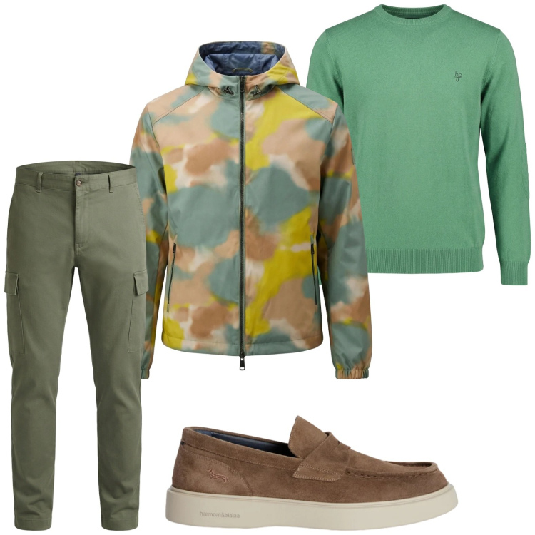 Outfit uomo - Armonico. Stile Casual per Tutti i giorni. Abbinamento con pantaloni cargo, scarpe stringate, giacche, maglieria.