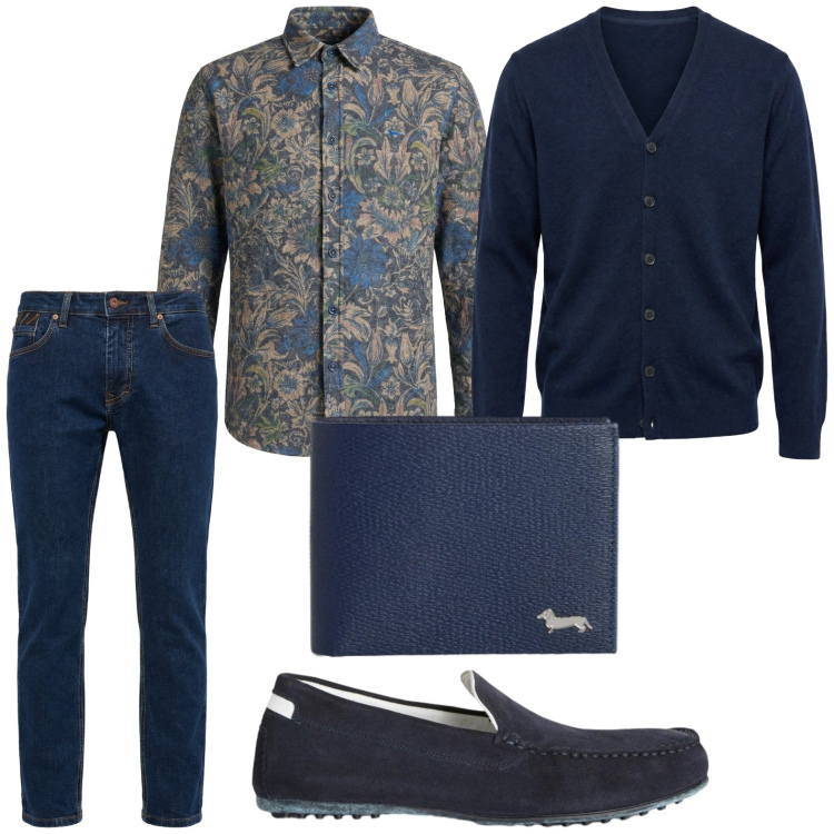 Outfit uomo - La camicia con stampa. Stile Casual per Tutti i giorni. Abbinamento con scarpe stringate, cardigans, portafogli, camicie, jeans.