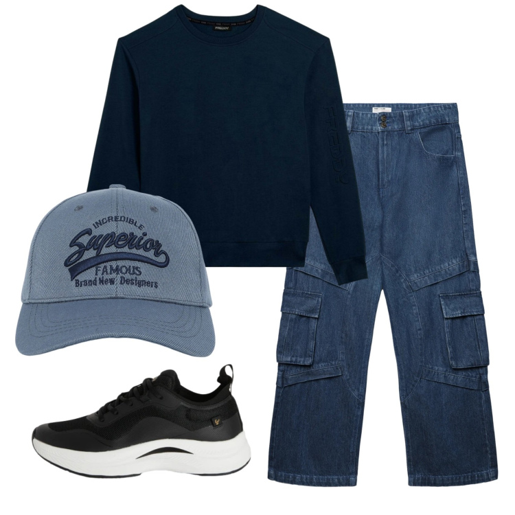 Outfit uomo - Total look #2347632. Stile Trendy per Tutti i giorni. Abbinamento con cappelli con visiera, jeans, sneakers, felpe.