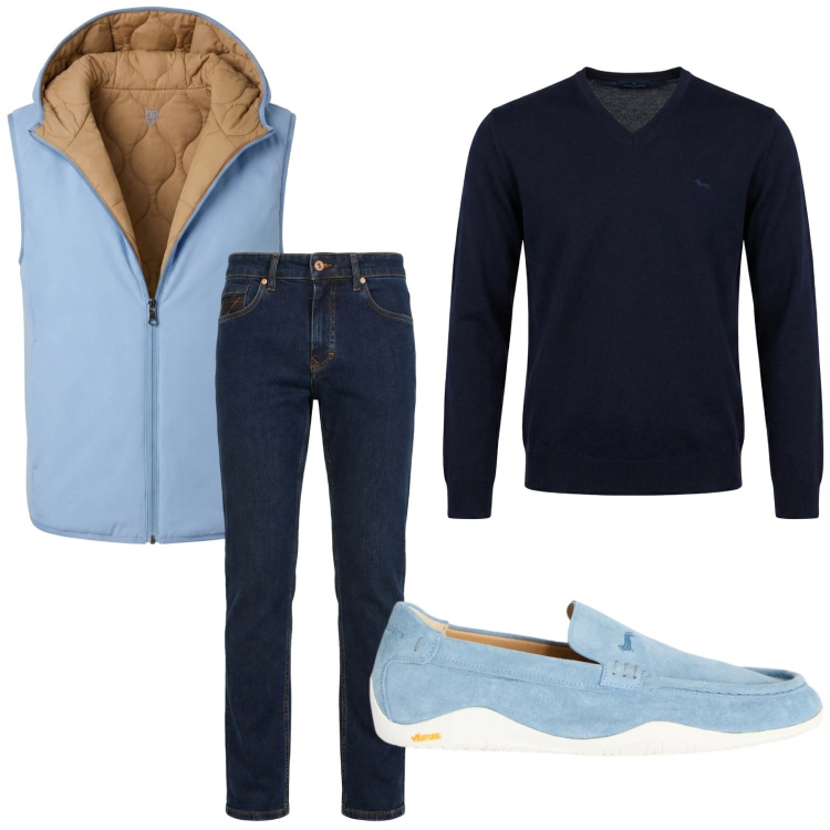 Outfit uomo - Tonalità di blu. Stile Trendy per Tutti i giorni. Abbinamento con jeans, pullovers, scarpe stringate, piumini.