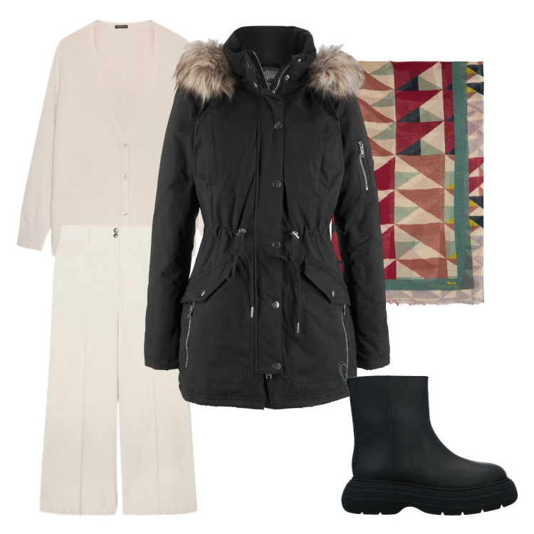 Outfit donna - Bellissimo caldo parka. Stile Urban per Tutti i giorni. Abbinamento con stivaletti, parka, sciarpe, cardigans, pantaloni chino.