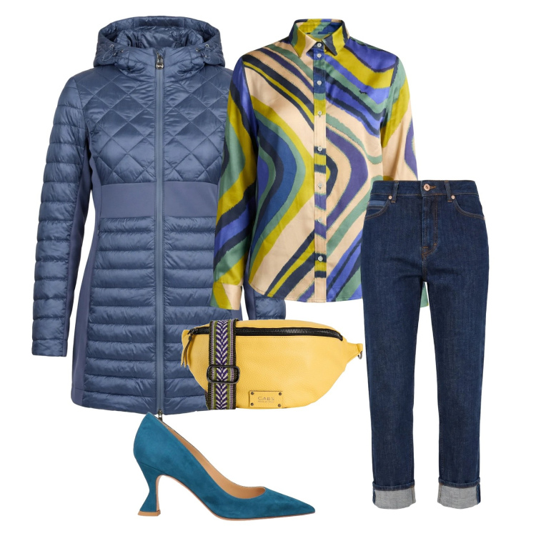 Outfit donna - Total look #2347638. Stile Chic per Ufficio. Abbinamento con décolleté, marsupi, piumini, camicie, jeans.