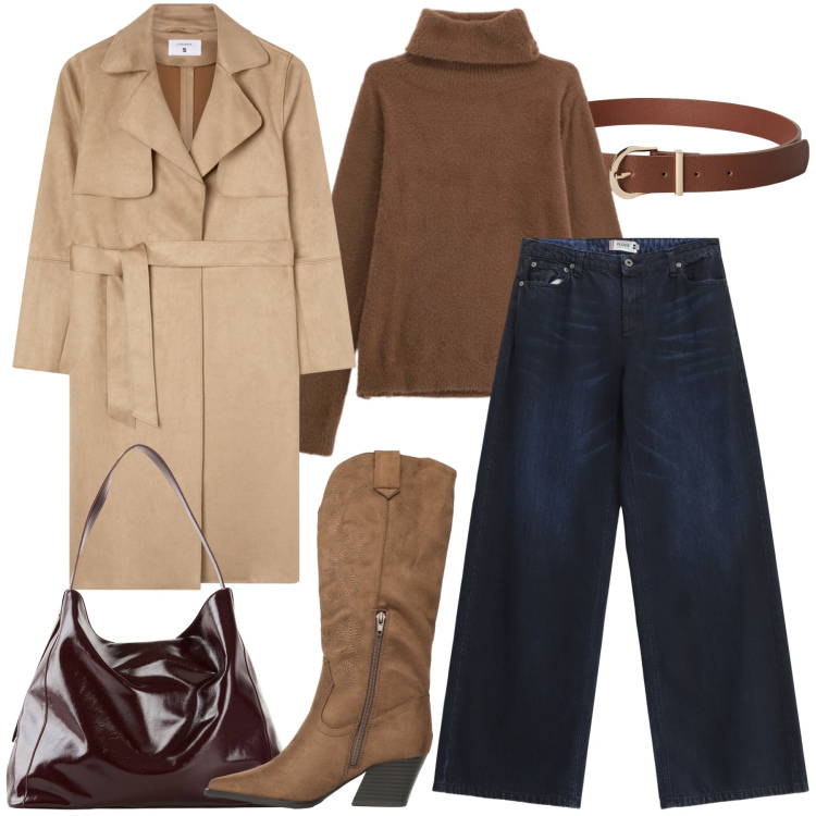 Outfit donna - Total look #2347639. Stile Urban per Ufficio. Abbinamento con shopping bag, trench, cinture, stivali, maglieria, jeans.