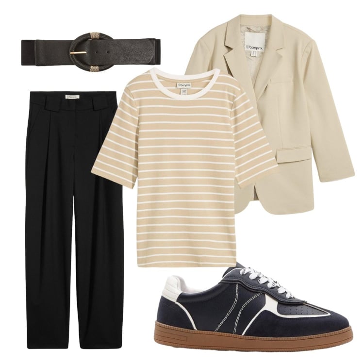 Outfit donna - Sporty chic ogni giorno. Stile Sporty chic per Tutti i giorni. Abbinamento con pantaloni, t-shirt, sneakers, blazer, cinture.