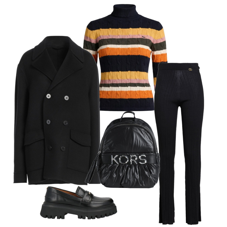 Outfit donna - Total look #2347642. Stile Urban per Tutti i giorni. Abbinamento con caban, zaini, leggings, mocassini, maglieria.