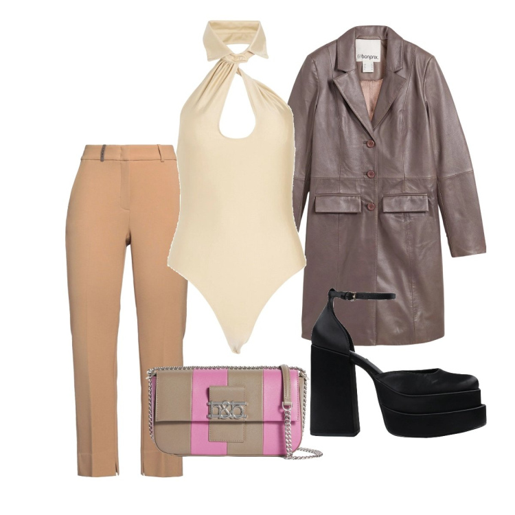 Outfit donna - Venerdì a pranzo curvy trendy. Stile Trendy per Tutti i giorni. Abbinamento con décolleté, body, pantaloni, cappotti, borse a spalla.