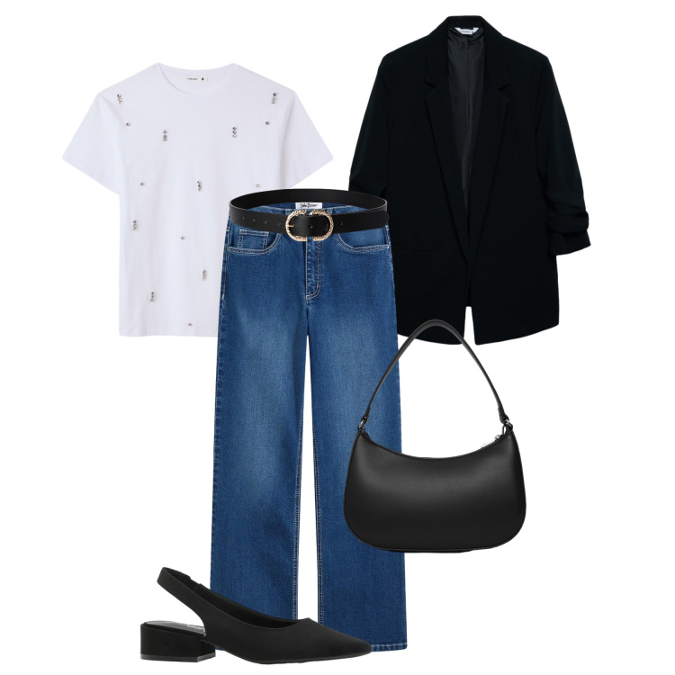 Outfit donna - Tempo libero minimalista. Stile Minimal per Tutti i giorni. Abbinamento con jeans, décolleté, blazer, cinture, borse a tracolla, t-shirt.