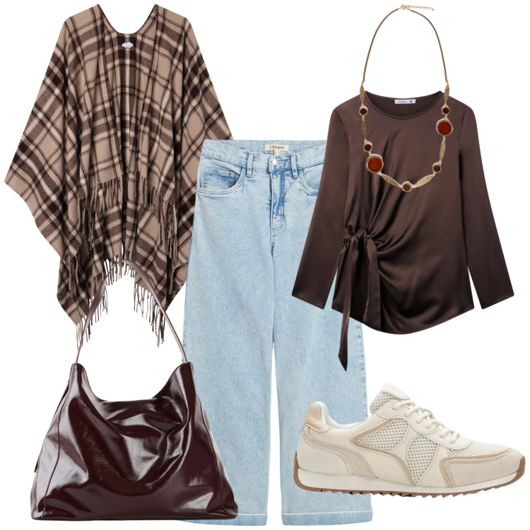 Outfit donna - Accostamenti color moro. Stile Casual per Tutti i giorni. Abbinamento con sneakers alte, jeans, shopping bag, bluse, cappotti, collane.