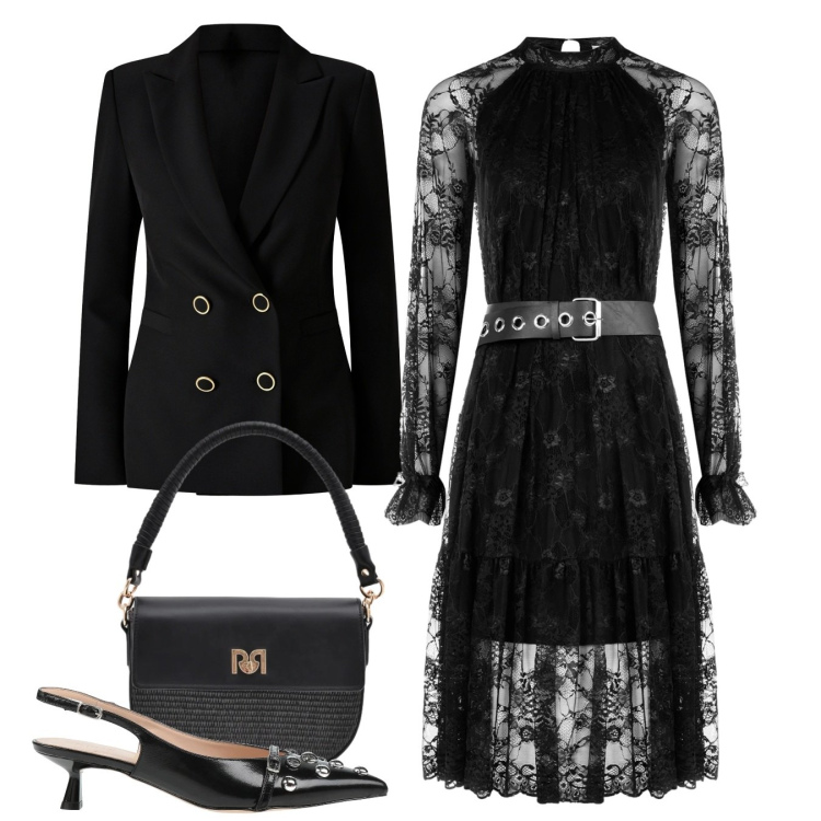 Outfit donna - Serata pizzo. Stile Chic per Serata fuori. Abbinamento con décolleté, borse a spalla, vestiti midi/longuette, blazer.