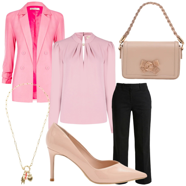 Outfit donna - Total look #2347663. Stile Casual chic per Serata fuori. Abbinamento con pantaloni, ciondoli, pochette, décolleté, blazer, bluse.