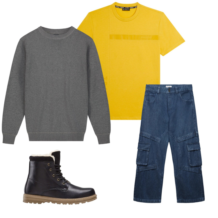 Outfit uomo - Total look #2347664. Abbinamento con stivali e stivaletti, jeans, t-shirt, maglieria.