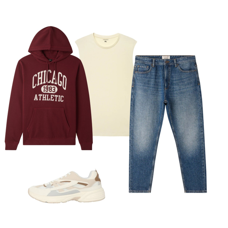 Outfit uomo - Total look #2347678. Stile Casual per Tutti i giorni. Abbinamento con jeans, felpe con cappuccio, sneakers, canottiere.