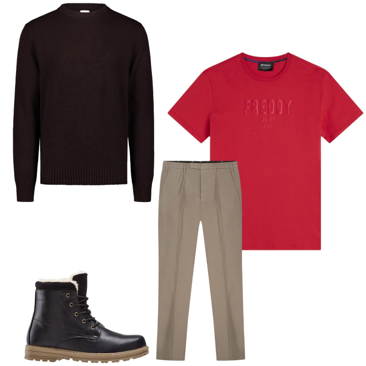 Outfit uomo - Total look #2347685. Stile Casual per Tutti i giorni. Abbinamento con stivali e stivaletti, t-shirt, pantaloni, maglieria.
