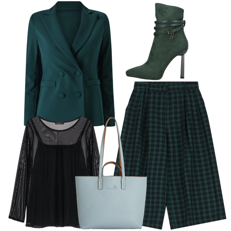 Outfit donna - Total look. Stile Bon Ton per Tutti i giorni. Abbinamento con stivaletti, shopping bag, bluse, shorts, blazer.