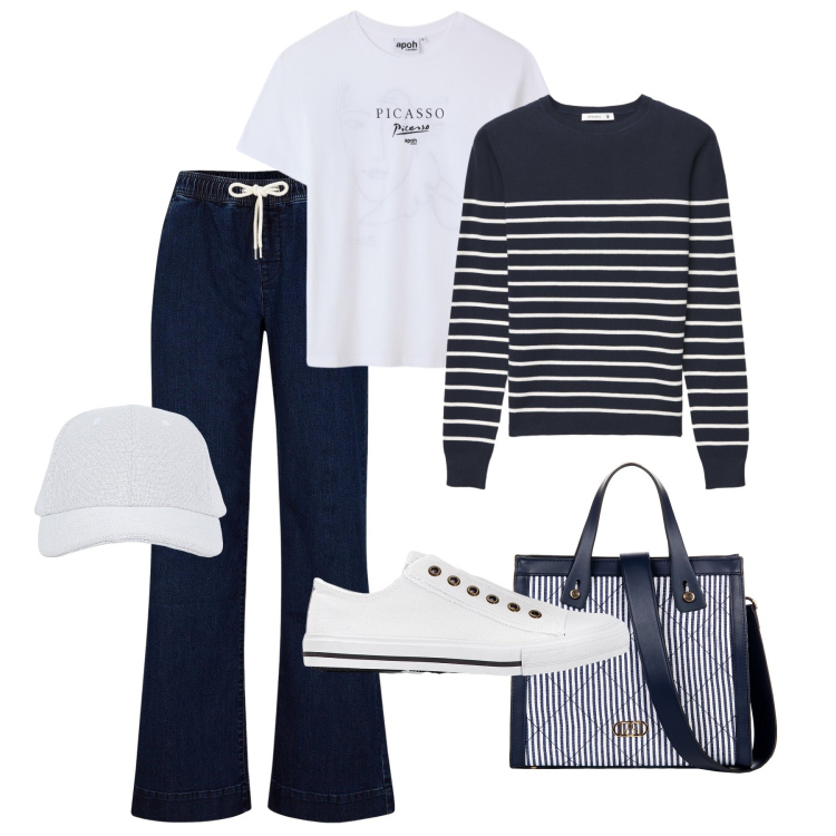 Outfit donna - Passeggiata a righe. Stile Casual per Tutti i giorni. Abbinamento con jeans, sneakers, cappelli con visiera, maglieria, t-shirt, shopping bag.