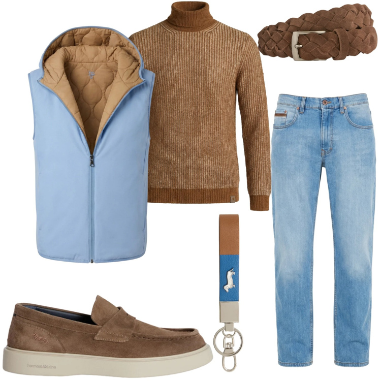 Outfit uomo - Harmont & Blaine. Stile Urban per Tutti i giorni. Abbinamento con jeans, portachiavi, scarpe stringate, cinture, piumini, maglieria.