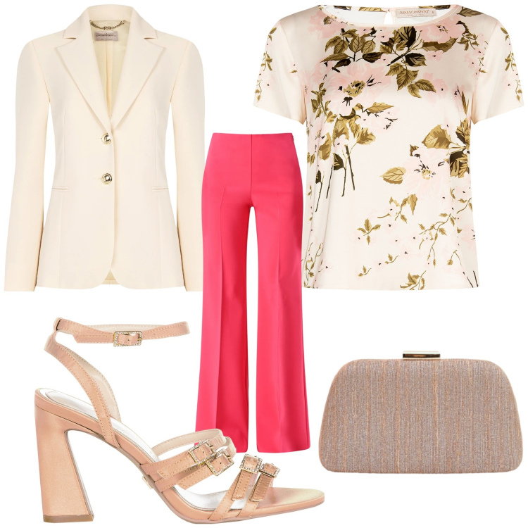 Outfit donna - Cerimonia primaverile. Stile Chic per Cerimonia. Abbinamento con pochette, blazer, pantaloni a palazzo, bluse, sandali col tacco.