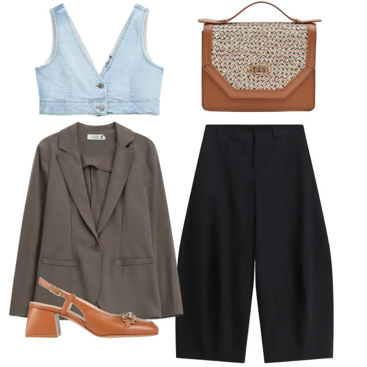 Outfit donna - Look di maggio. Stile Bon Ton per Tutti i giorni. Abbinamento con décolleté, pantaloni a palazzo, blazer, top, pochette.